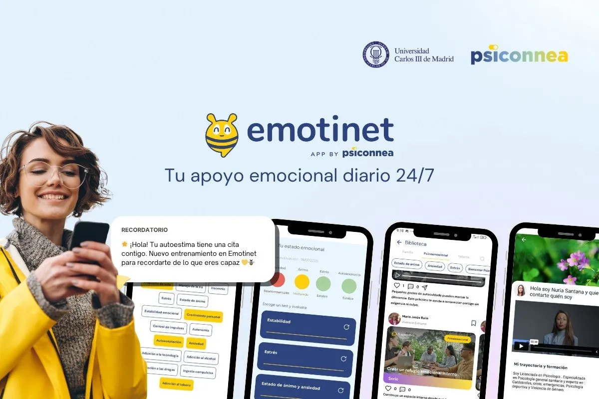 Mockup promocional de la app Emotinet de Psiconnea junto a la Universidad Carlos III, con una mujer sonriendo mientras usa su móvil y pantallas de la app mostrando funciones de apoyo emocional.