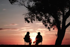 Dos personas sentadas bajo un árbol al atardecer, simbolizando el valor de la amistad y el apoyo emocional