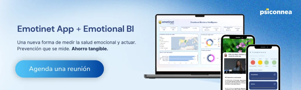 Visual de Emotinet App y Emotional BI con dashboards de datos emocionales y pantallas móviles de acompañamiento psicológico. Solución para medir, anticipar y reducir riesgos psicosociales.