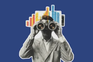 Persona con prismáticos observando gráficas de colores, representando la psicotecnología y el análisis de datos aplicados a salud mental