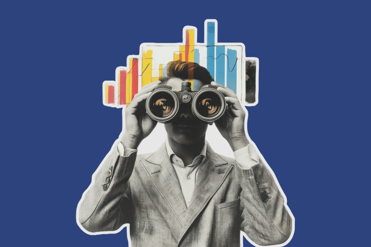 Persona con prismáticos observando gráficas de colores, representando la psicotecnología y el análisis de datos aplicados a salud mental