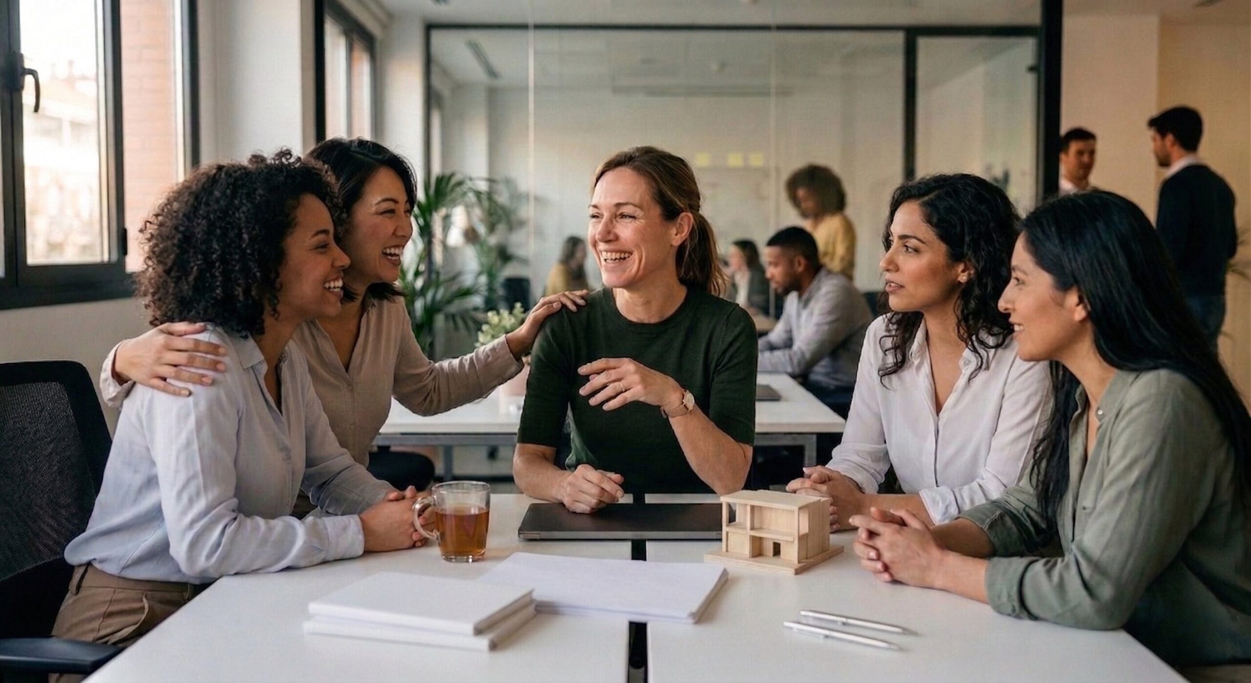 Grupo de mujeres profesionales diversas sonriendo y colaborando en una oficina luminosa, representando el apoyo mutuo y el bienestar laboral en el marco del 8M.